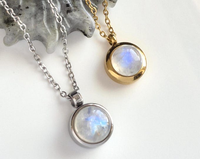 Rainbow Moonstone Crystal Locket Necklace | Small Gemstone Pendant | Cremation Ashes Keepsake | Choose Gold or Silver Stainless Steel