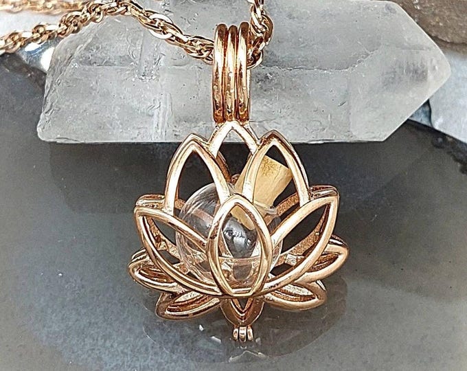 Rose Gold Lotus Flower Urn Locket Pendant with Glass Orb | Cremation Jewelry | Waterlily Locket | Keepsake Gift | Fillable Jewelry for Ashes