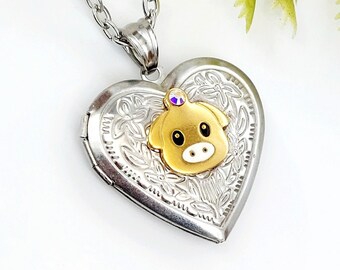 Cute Pig Keepsake Locket | Heart Urn Necklace with Memorial Glass inside | Pet Cremation Jewelry for Ashes | Sympathy Gift | Cremains Locket
