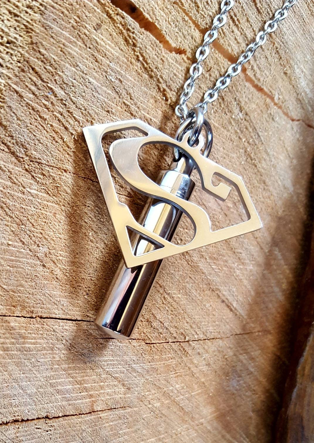 Steel Superman Cremation Urn Pendant Memorial Necklace