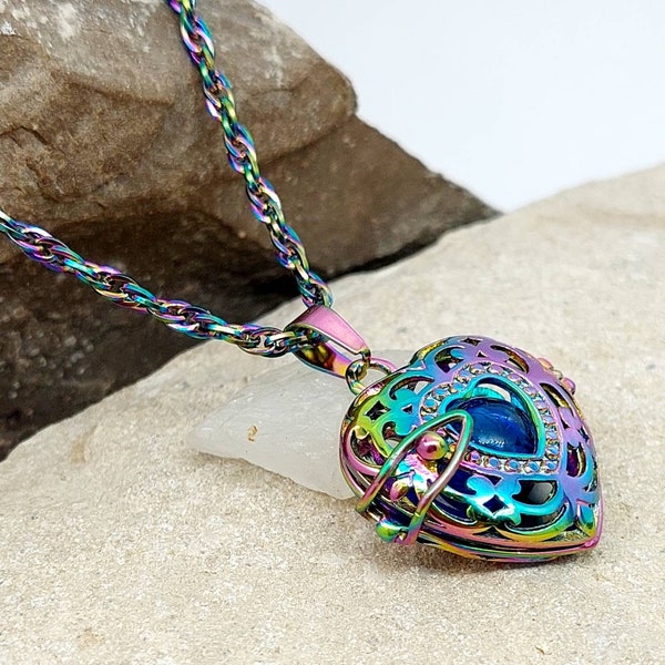 Rainbow Heart Urn Locket | Human Ashes Necklace | Urn Jewellery | Womens Cremation Jewelry | Pet Memorial Jewelry | Ash Holder Gift