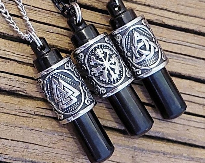 Viking Rune Pendant | Cremation Ash Jewelry | Black Urn Necklace for Men | Vegviser, Celtic Knot, Odins Knot | Memorial Jewellery for Ashes