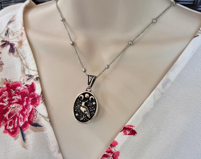 Crow Moon Phases Urn Locket Necklace : Memorial Ash Keepsakes | Stainless Steel Cremation Ashes Pendant | Sympathy Gifts