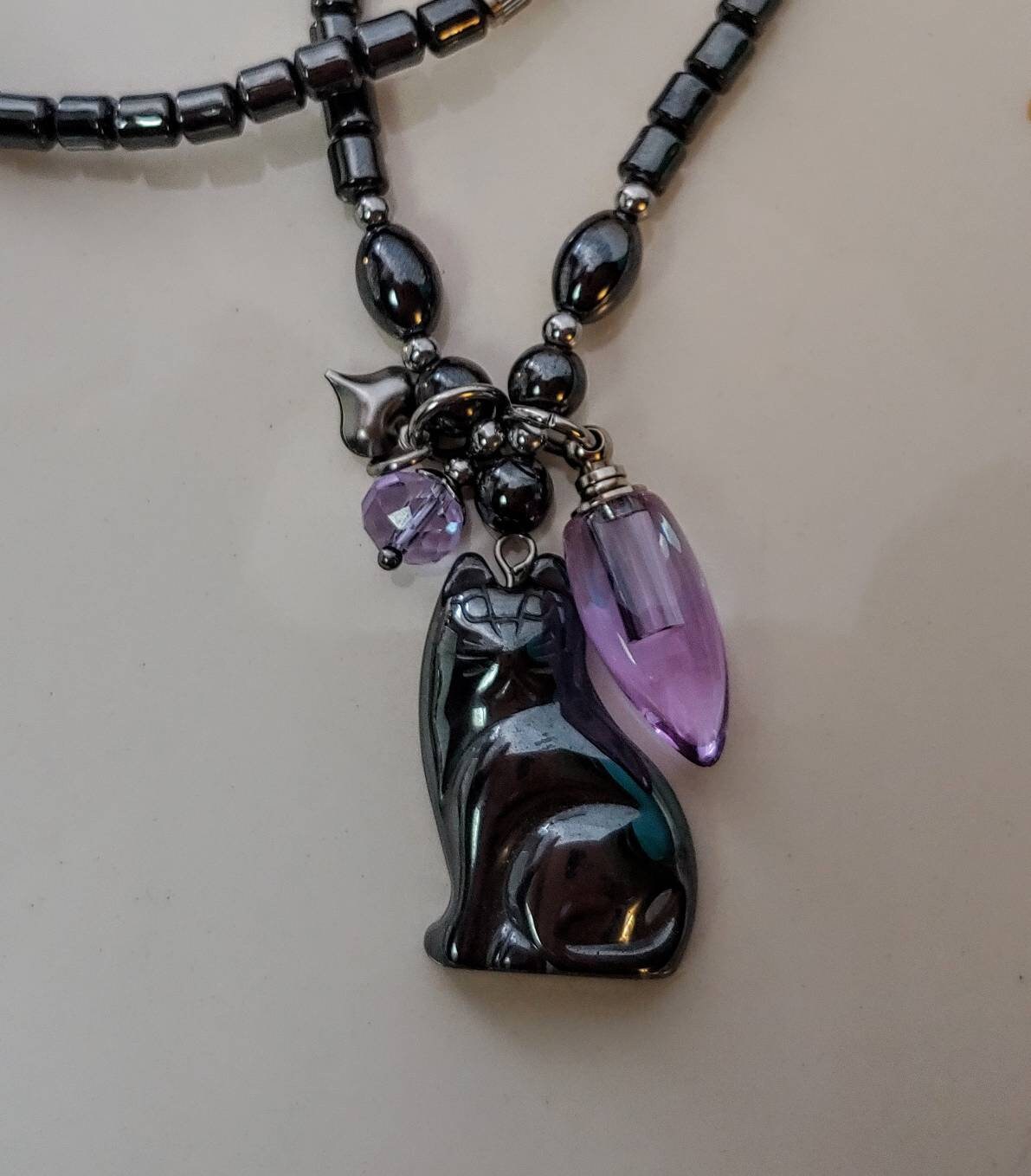 Black Hematite Cat Urn Necklace Fillable Jewelry Cat Hair Locket