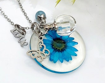 Collier bleu urne avec fleurs séchées pour cendres humaines ou restes d'animaux de compagnie | Bijoux de crémation Daisy | Bijoux d'urne pour fille | Mémorial, cadeau de sympathie