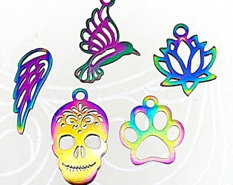 Rainbow Stainless Steel Charms | Lotus Flower Charm | Sugar Skull Charm | Paw Print Charm | Hummingbird Charm | Wing Charm