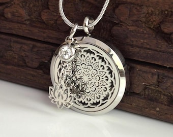 Lotus Flower Mandala Keepsake Locket | Urn Necklace for Ashes or Hair | Sympathy Gifts & Pet Loss Memorial Cremation Jewelry (w/Birthstone)