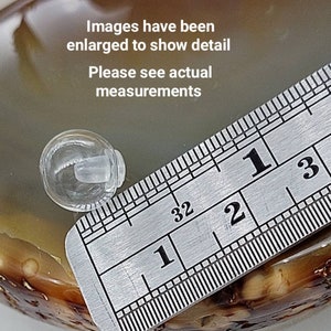May include: A clear plastic earring back with a white plastic post, measured against a ruler. The ruler shows measurements in inches.