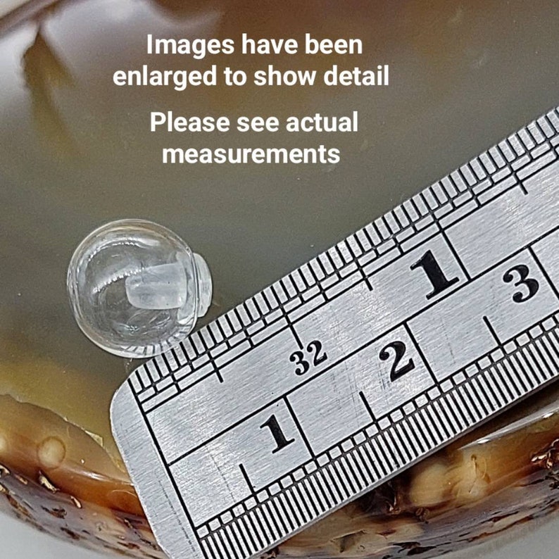May include: A clear plastic earring back with a white plastic post, measured against a ruler. The ruler shows measurements in inches.