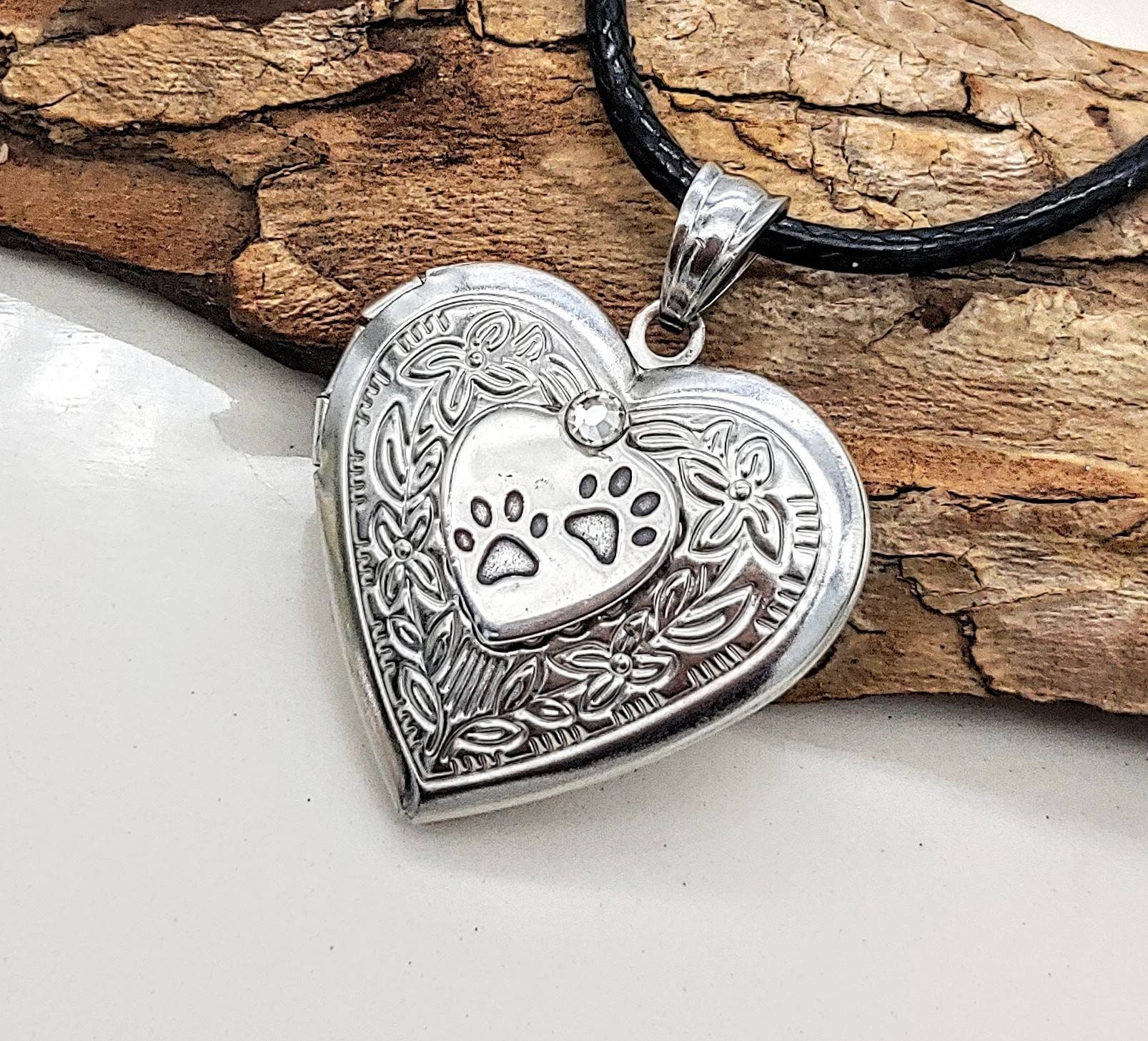 Paw Prints Heart Locket with Fillable Glass Vessel Pet Cremation