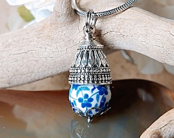 Blue Forget Me Not Flower Urn Necklace | Handmade Cremation Jewelry | Memorial Ashes Jewellery