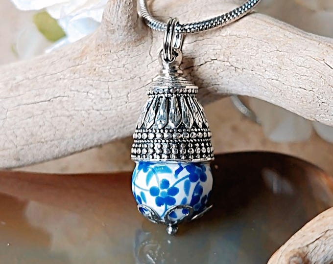 Blue Forget Me Not Flower Urn Necklace | Handmade Cremation Jewelry | Memorial Ashes Jewellery