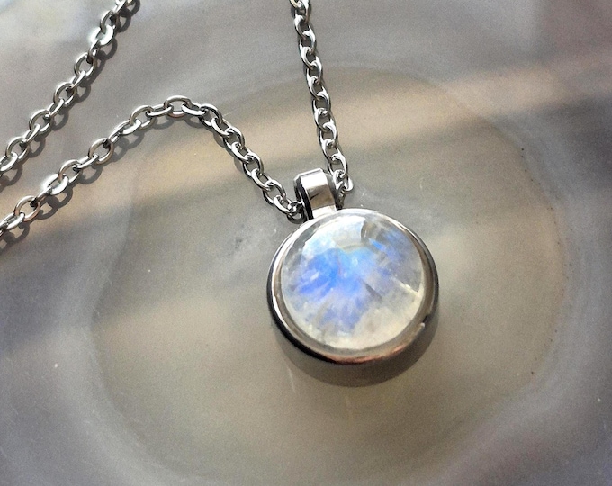 Rainbow Moonstone Crystal Locket Necklace, Small Gemstone Pendant | Memorial Jewelry | Cremation Ashes Keepsake