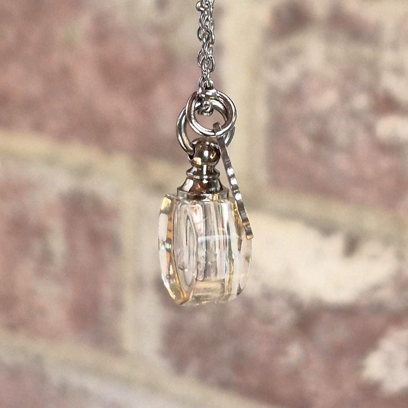 May include: A small, clear glass vial pendant suspended from a silver-toned metal chain. The vial features a metallic silver cap and a small, flat, circular silver charm attached to the jump ring, creating a delicate necklace design.