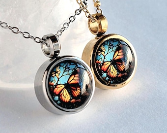 Monarch Butterfly Memorial Ash Locket | Cremation Ashes Jewelry | Butterfly Urn Necklace | Ashes Keepsake Gifts