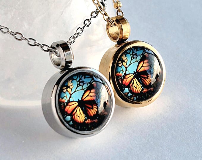 Monarch Butterfly Memorial Ash Locket | Cremation Ashes Jewelry | Butterfly Urn Necklace | Ashes Keepsake Gifts