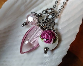Pink Rose Cremation Urn Necklace, Memorial Ash Keepsake Jewelry