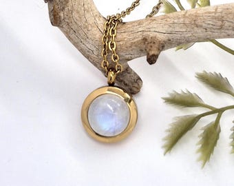 Rainbow Moonstone Crystal Locket Necklace, Small Gemstone Memorial Pendant, Cremation Ashes Keepsake Gold Plated Stainless Steel Urn Jewelry