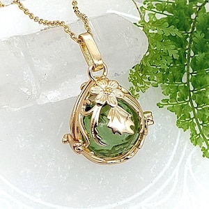 Gold Plated Floral Teardrop Locket | Glass Orb Cremation Jewelry |  Urn Necklace | Memorial Ash Pendant (w/funnel & chain choice)