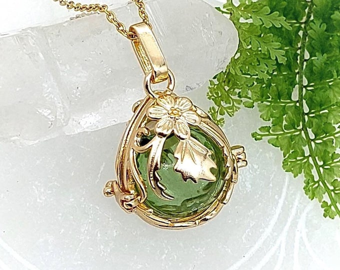 Gold Plated Floral Teardrop Locket | Glass Orb Cremation Jewelry |  Urn Necklace | Memorial Ash Pendant (w/funnel & chain choice)