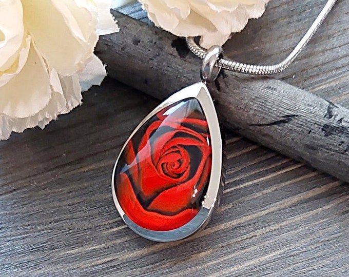 Red Rose Teardrop Locket Urn Necklace | Glass Locket for Ashes | Cremation Jewelry Keepsake Gifts for Women | Necklace for Human Ashes, Pets