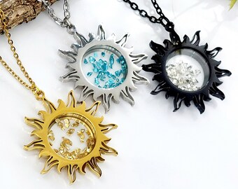 Sun Locket Pendant, Urn Necklace for Ashes, Stainless Steel Cremation Jewelry, Glass Keepsakes