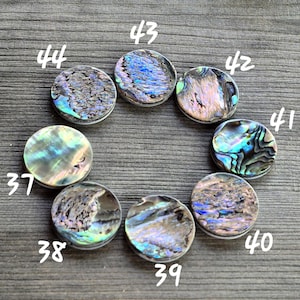 May include: Eight circular abalone shell cabochons arranged in a circle, each featuring unique iridescent patterns of blue, green, and purple. The pieces are labeled with white handwritten numbers 37, 38, 39, 40, 41, 42, 43, and 44.