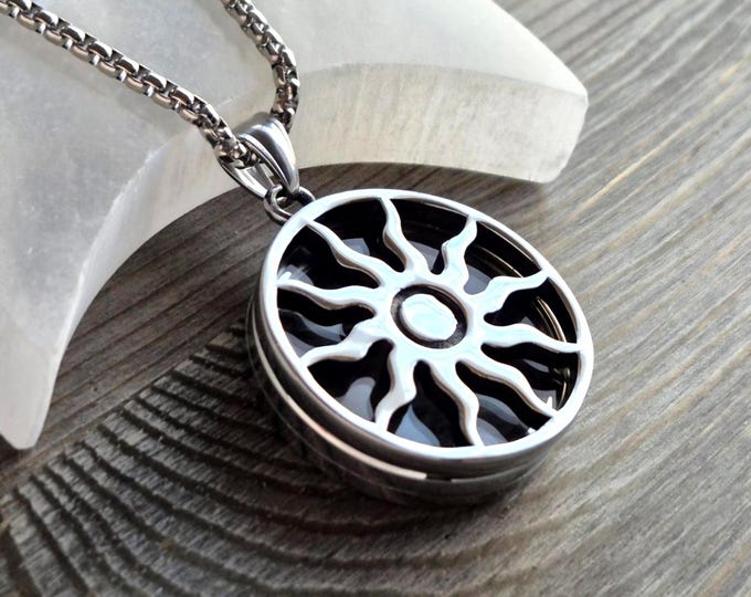 Large Sun Memorial Locket | Urn Necklace, Locks of Hair, Pet Fur or Ashes Jewelry, Cremation Jewelry for Men or Women