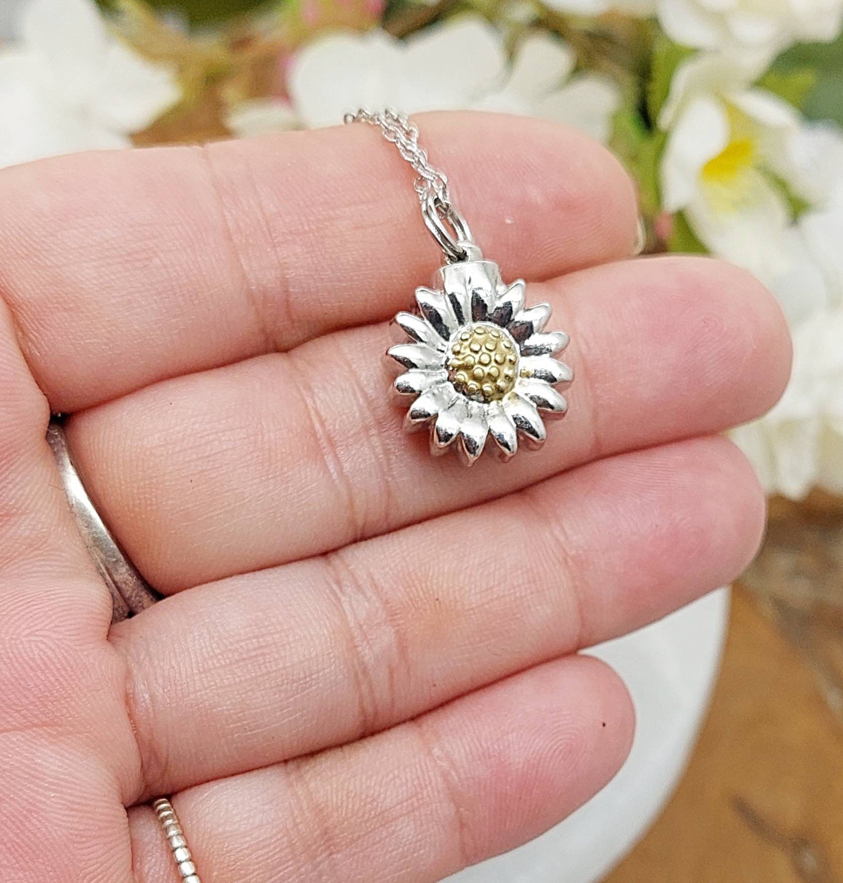 Sunflower Daisy Urn Necklace for Cremains Memorial Jewelry for Ashes