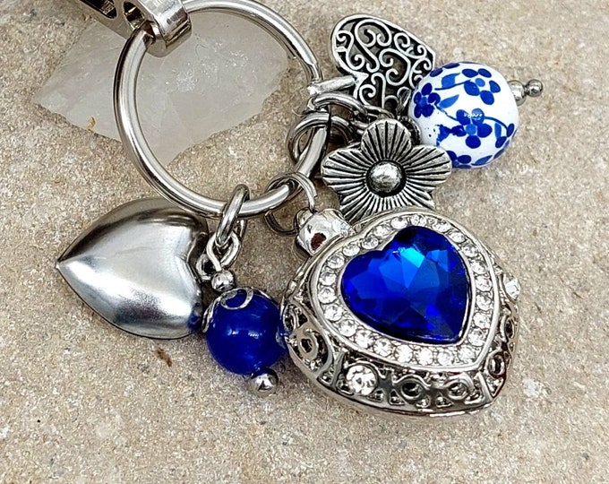 Memorial Ash Keychain Heart Urn for Ashes | Keepsake Jewellery Key chain | Cremation Jewelry | Forget Me Not Blue Heart Gift After Loss