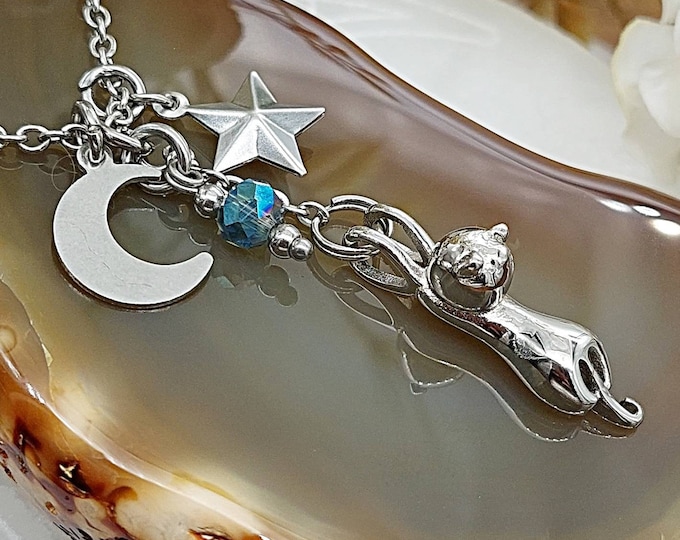 Cat Memorial Jewelry for Ashes | Urn Necklace | Moon & Stars Cat Urn Pendant | Urn Jewelry | Cat Cremation Jewelry | Kitty Cat Loss Gift