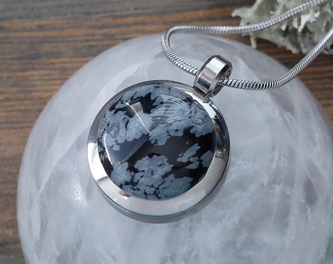 Snowflake Obsidian Locket Necklace | Small Urn Pendant for Ashes | Keepsake Lockets | Memorial Jewelry Gifts for Her | Cremation Jewellery