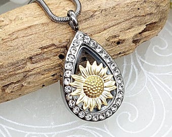 Sunflower Cremation Ashes Jewelry, Glass Teardrop Urn Necklace, Keepsake Locket, Condolence Gift for Her