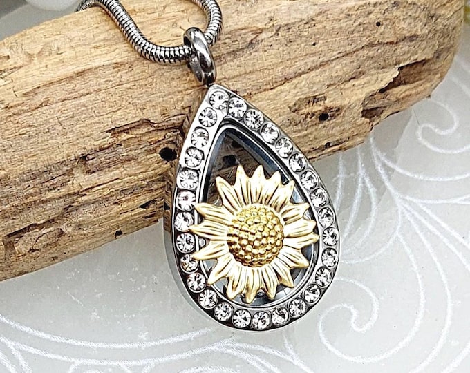 Sunflower Cremation Ashes Jewelry, Glass Teardrop Urn Necklace, Keepsake Locket, Condolence Gift for Her