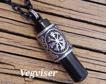 Celtic Knot Pendant for Men | Black Urn Necklace for Human Ashes | Vegviser Compass, Odins Knot, Viking Cremation Jewellery | Memorial Gifts