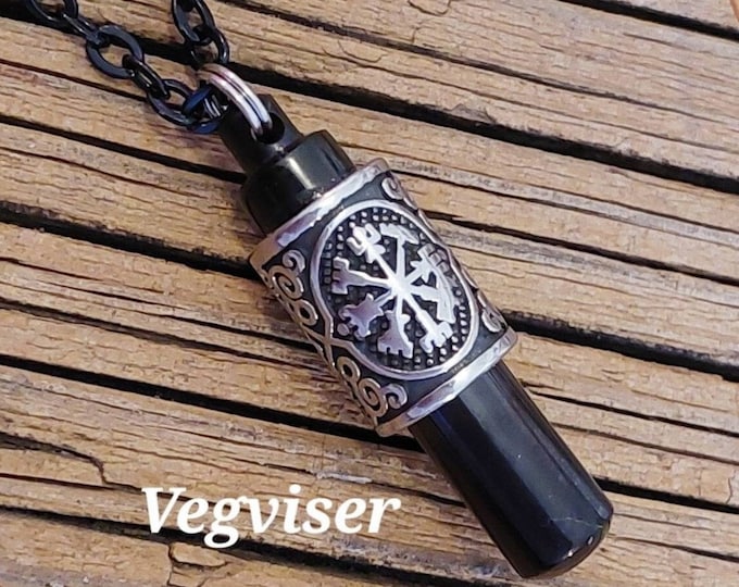Celtic Knot Pendant for Men | Black Urn Necklace for Human Ashes | Vegviser Compass, Odins Knot, Viking Cremation Jewellery | Memorial Gifts