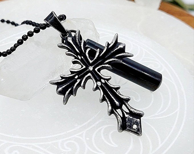 Vintage Style Black Cross Urn Necklace for Ashes | Cremation Jewelry for Men or Women | Memorial Urn Jewelry for Human Ashes | Funeral Gift