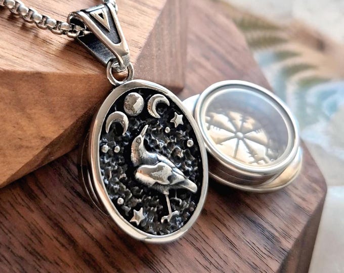 Crow - Raven Memorial Locket | Urn Necklace | Stainless Steel Cremation Ashes Jewelry | Moon Phases Pendant