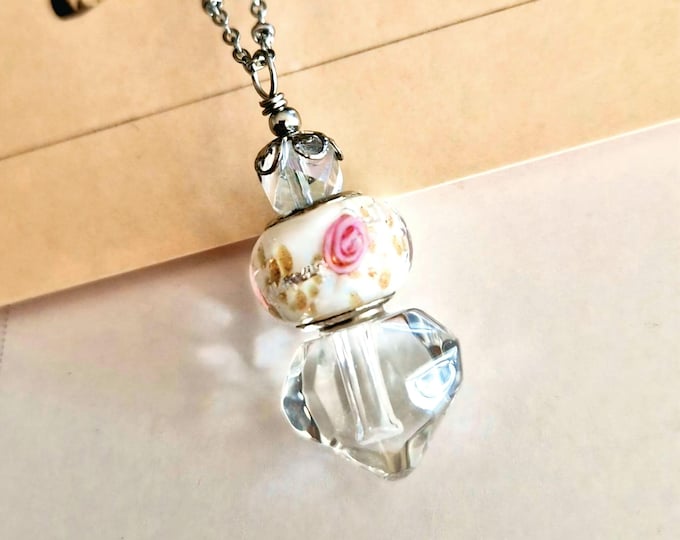 Pink Rose Urn Necklace for Ashes, Glass Heart Cremation Jewelry, Handmade Keepsake Memorial Jewellery