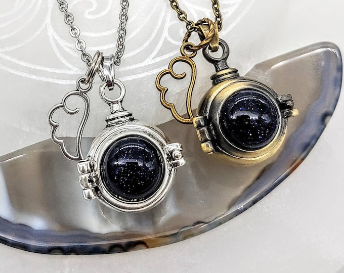 Blue Goldstone Galaxy Urn Locket Necklace for Ashes | Urn Pendant for Human or Pet Ash | Glass Hair Locket | Cremation Jewelry
