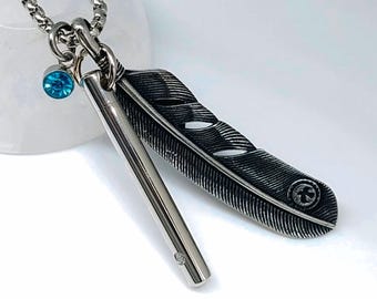 Feather Urn Necklace, Stainless Steel Cremation Jewelry for Men or Women, Ash Holder Pendant