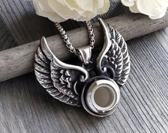 Large Angel Wings Locket Necklace, Urn Pendant, Cremation Ashes Jewelry for Men or Women