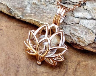 Lotus Flower Locket with Custom Glass Orb and Chain Choice | DIY Urn Necklace, Rose Gold Stainless Steel Cremation Jewelry, Ashes Keepsake
