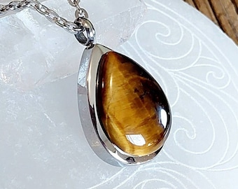 Tigers Eye Teardrop Urn Pendant | Memorial Gift | Cremation Necklace | Glass Locket | Cremation Jewelry for Ashes | Keepsake Urn Jewelry
