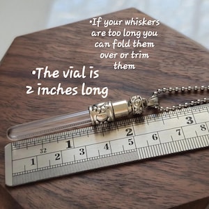 May include: A clear glass vial pendant with silver-colored metal accents, resting on a wooden surface next to a ruler. The vial is 2 inches long. Text on the image reads: "If your whiskers are too long you can fold them over or trim them."
