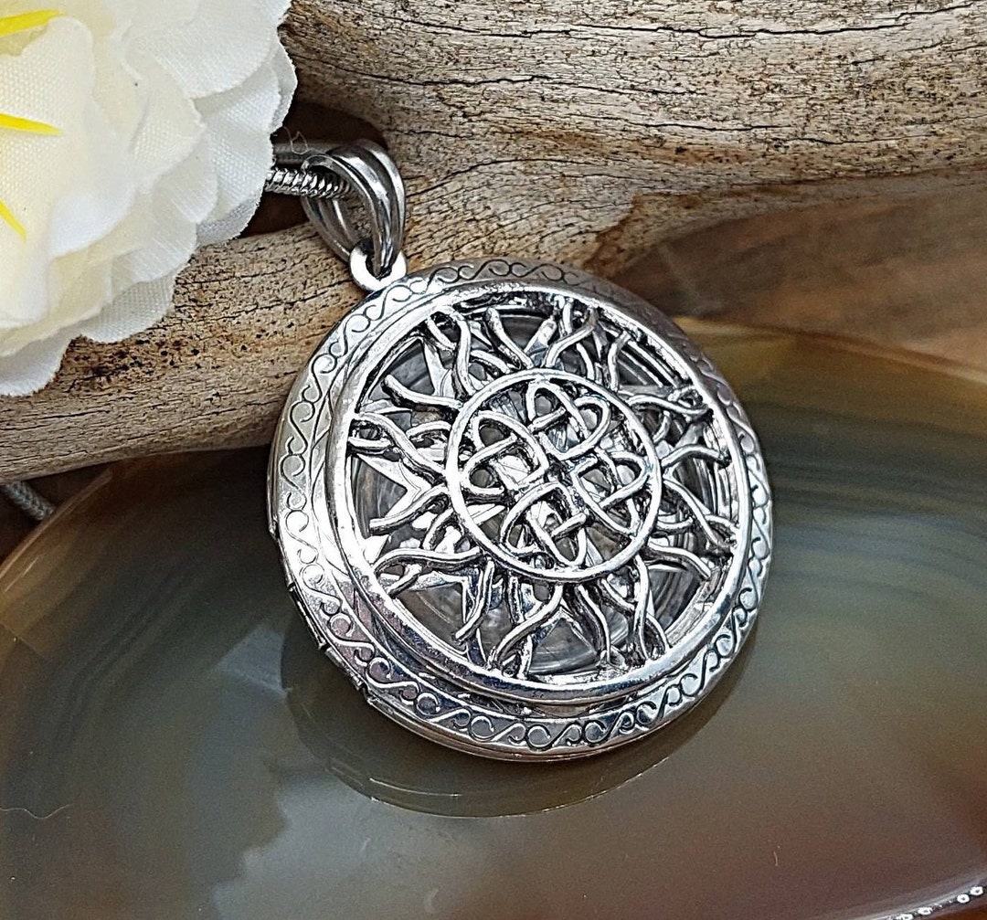 Celtic Knot Sun Locket Urn Necklace for Ashes or Lock of Hair Keepsake