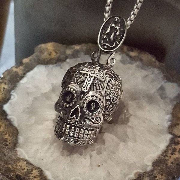 Skull Urn Necklace for Memorial Ashes | Sugar Skull Pendant for Human Cremains | Cremation Jewelry for Men | Ashes Keepsake Gifts