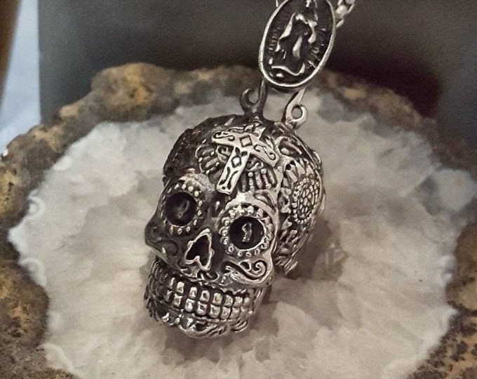 Skull Urn Necklace for Memorial Ashes | Sugar Skull Pendant for Human Cremains | Cremation Jewelry for Men | Ashes Keepsake Gifts