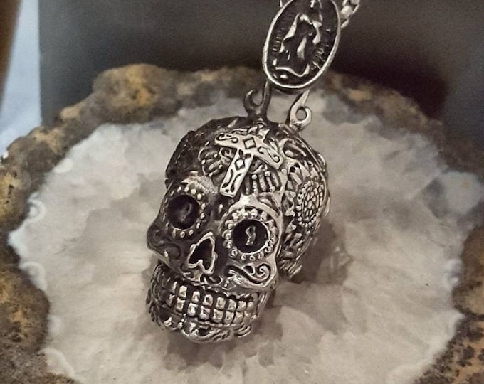 Skull Urn Necklace for Memorial Ashes | Sugar Skull Pendant for Human Cremains | Cremation Jewelry for Men | Ashes Keepsake Gifts