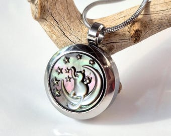 Cat on the Moon Locket Necklace | Cat Memorial Lockets for Ashes, Hair, Fur | Paua Shell Cremation Jewellery | Keepsake Jewelry for Cats